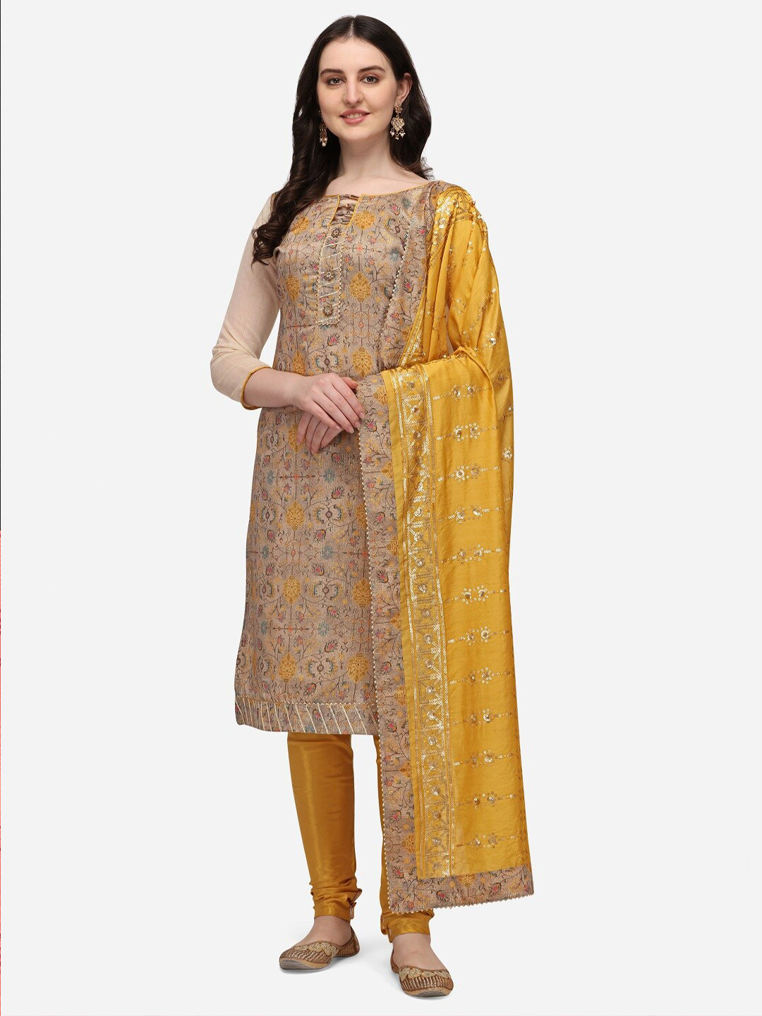 Buy Mitera Yellow & Beige Printed Unstitched Dress Material Dress Material for Women 16171472