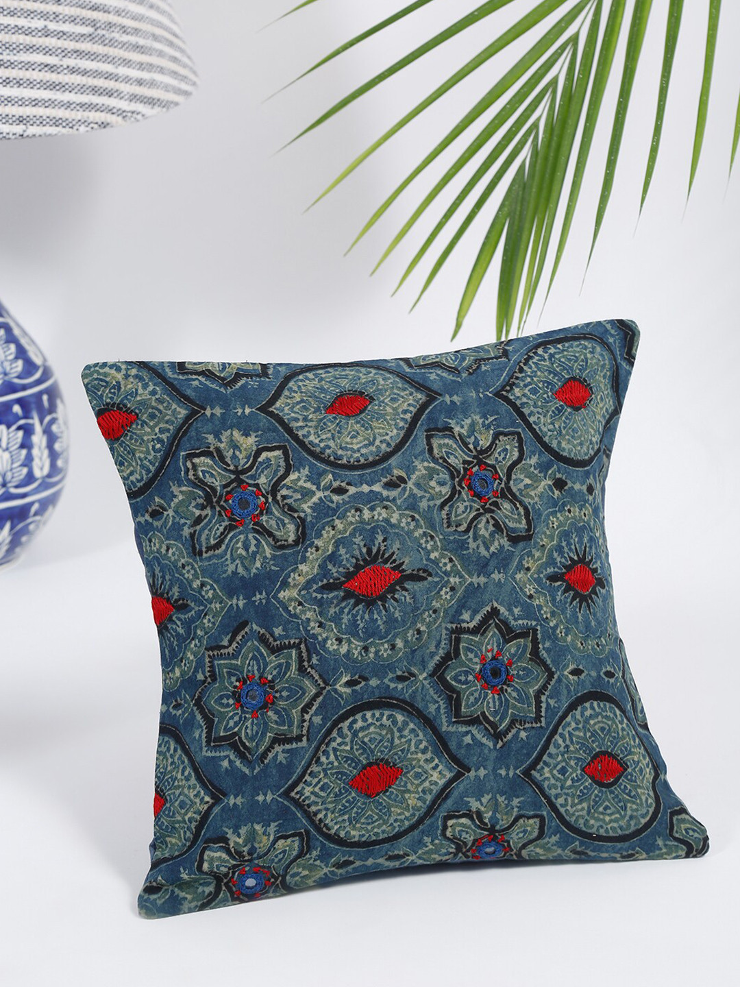 Buy Fabindia Navy Blue & Red Ethnic Motifs Square Cushion Covers