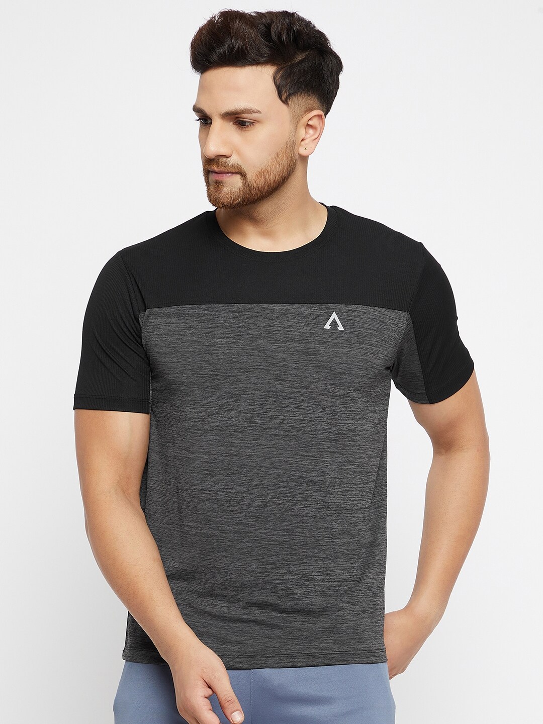 Buy AUSTIEX Men Grey & Black Colourblocked Sports T Shirt - Tshirts for ...