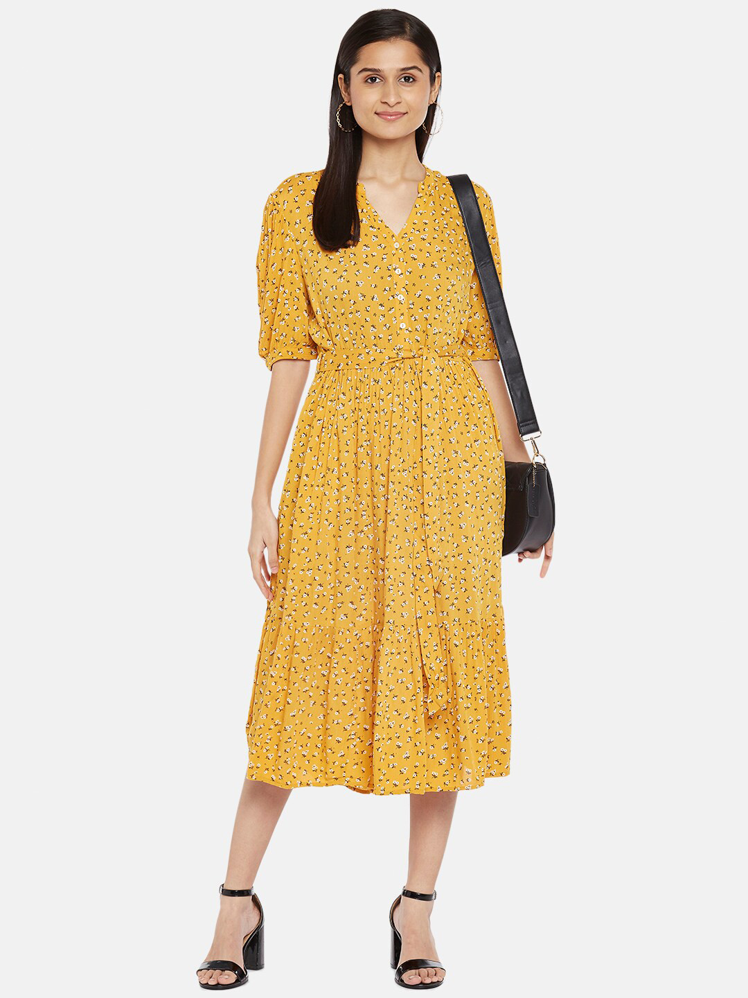 Buy Honey By Pantaloons Mustard Yellow Floral A Line Midi Dress