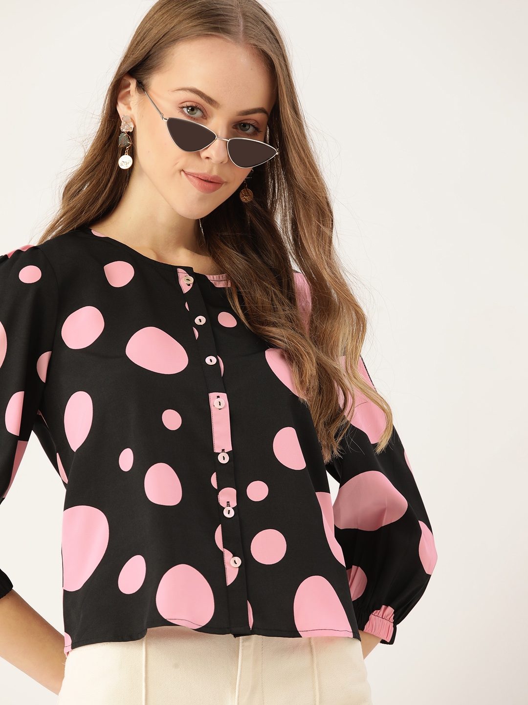 Buy Dressberry Women Black And Pink Polka Dots Print Top Tops For Women 16184054 Myntra 