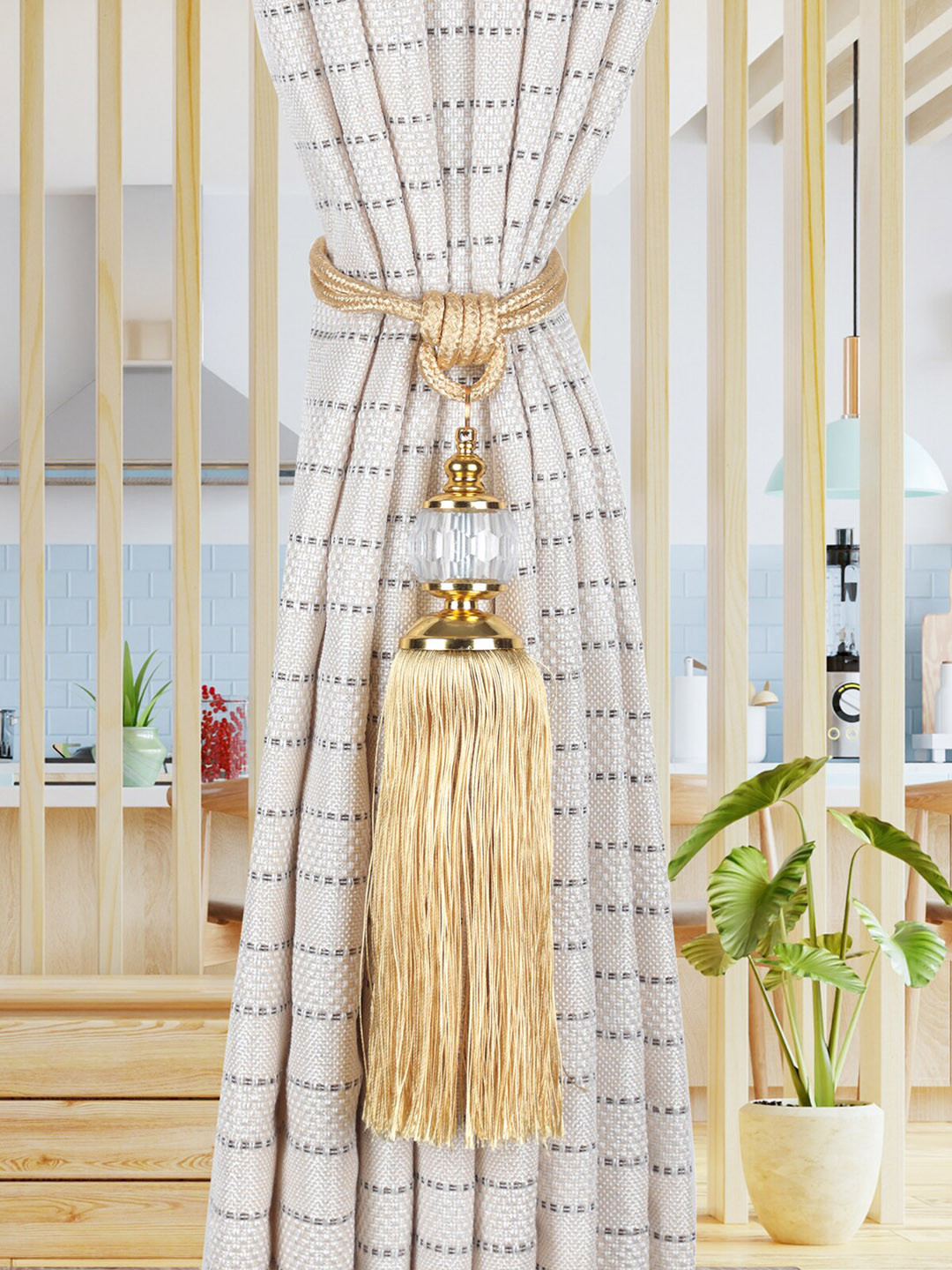 Buy ROMEE Set Of 2 Gold Coloured Solid Decorative Tassel Curtain
