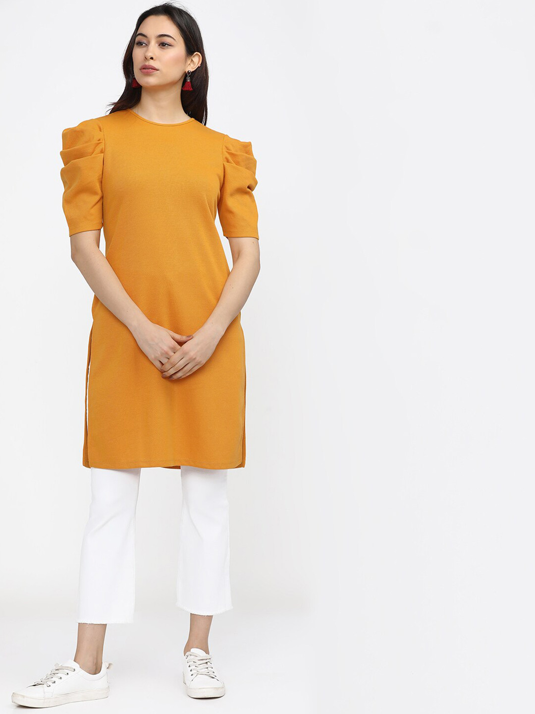 Buy Vishudh Women Yellow Solid Knitted Tunic Tunics for Women