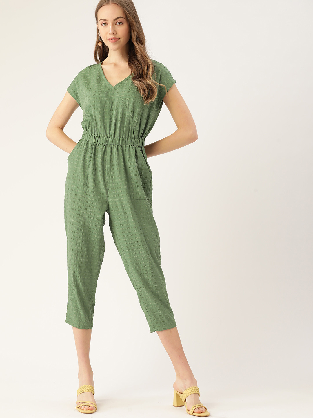 Buy DressBerry Women Olive Green Seersucker Capri Jumpsuit Jumpsuit