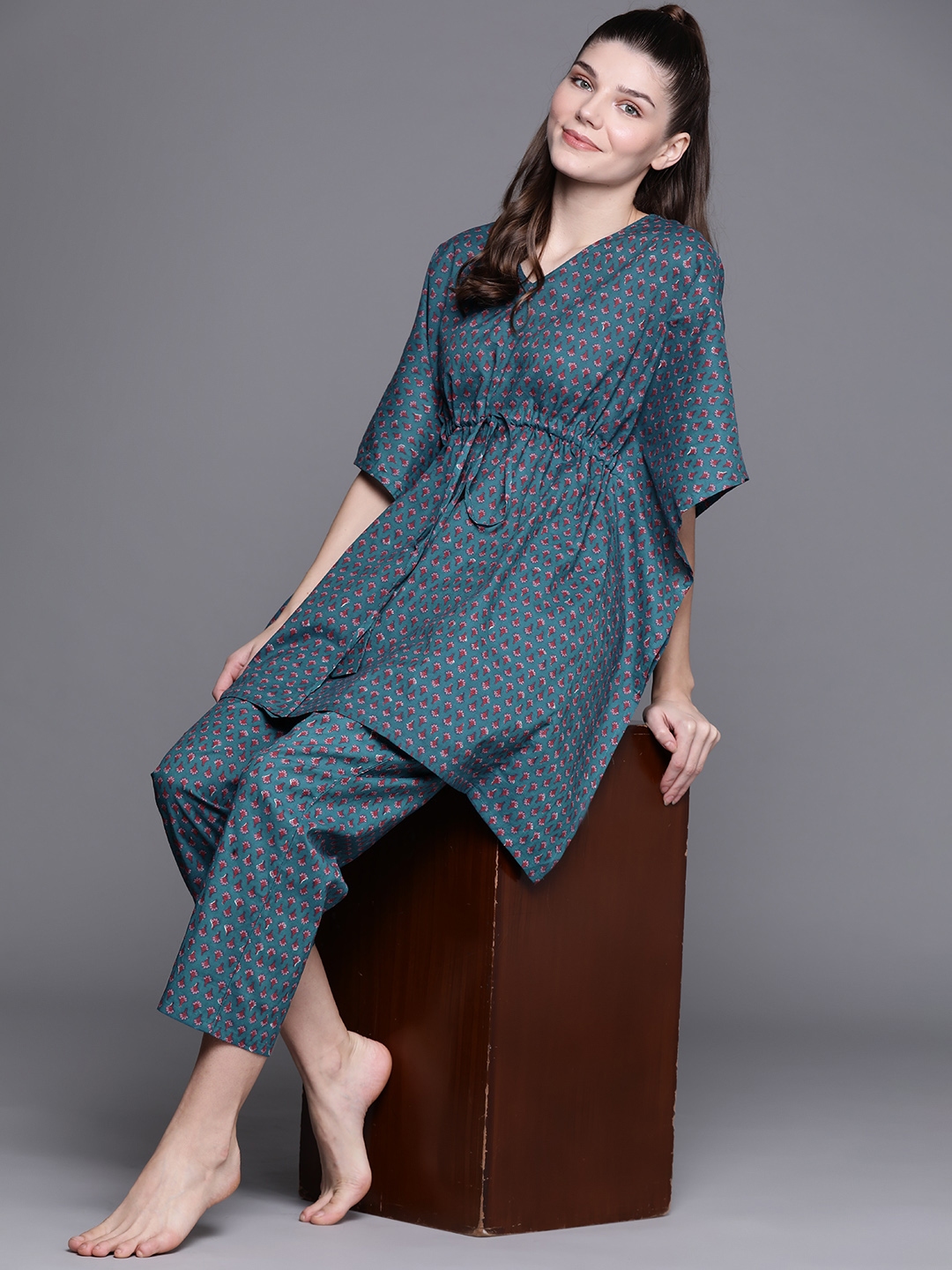 Buy Libas Blue Cotton Printed Kaftan Night Suit Night Suits for Women