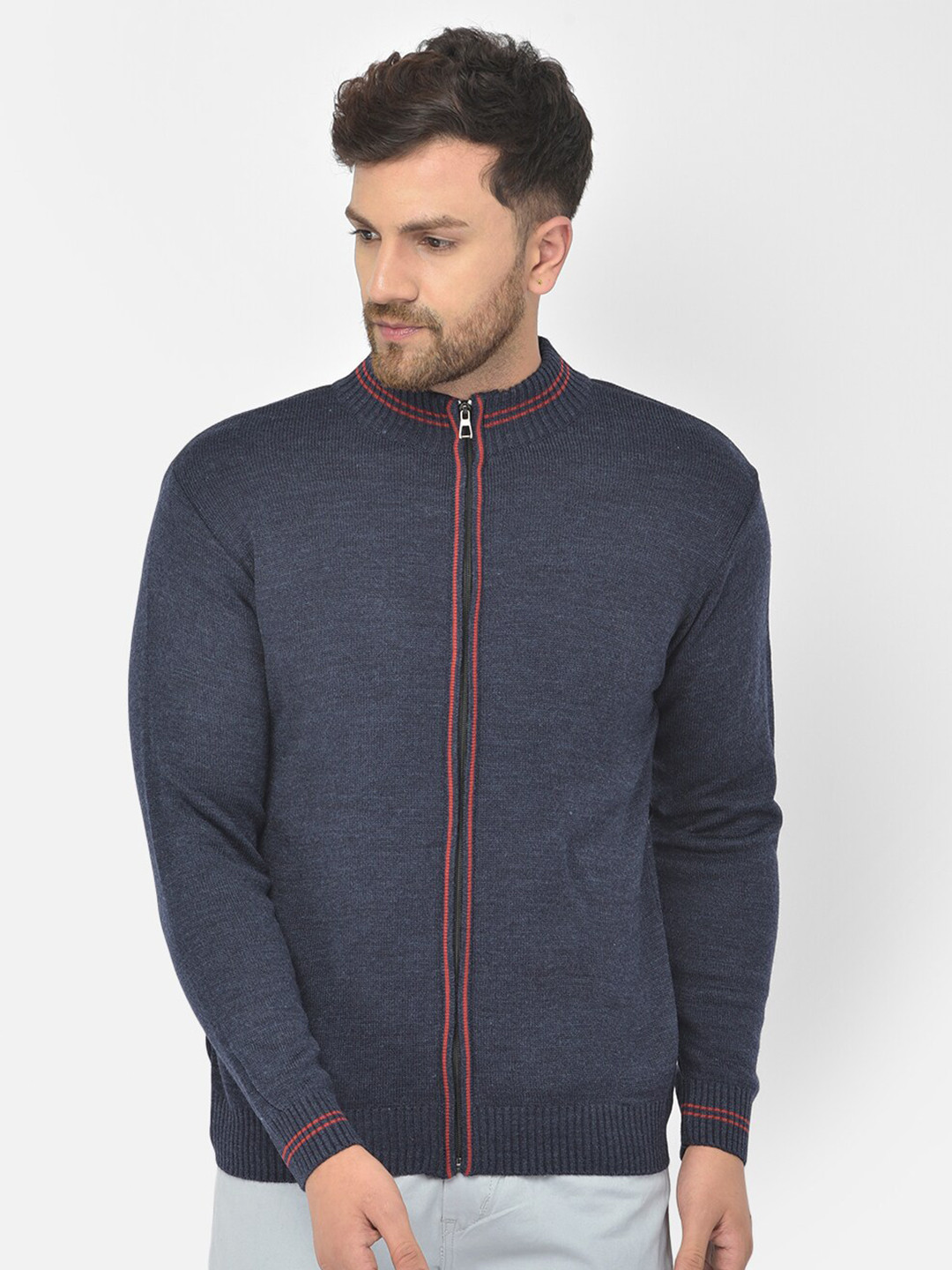 Buy COBB Men Navy Blue & Red Acrylic Front Open Sweaters for Men