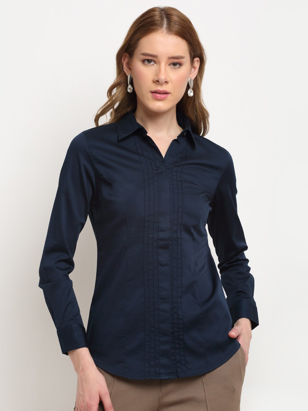 Buy Crozo By Cantabil Women Navy Blue Cotton Formal Shirt - Shirts for ...