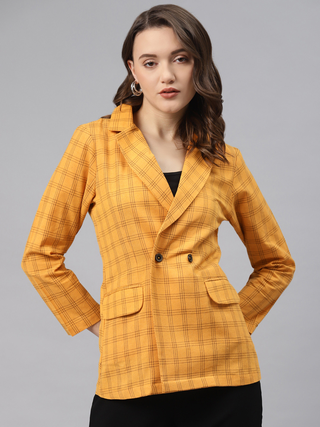 Buy Cottinfab Mustard Yellow & Black Checked Slim Fit Double Breasted Cotton Formal Blazer