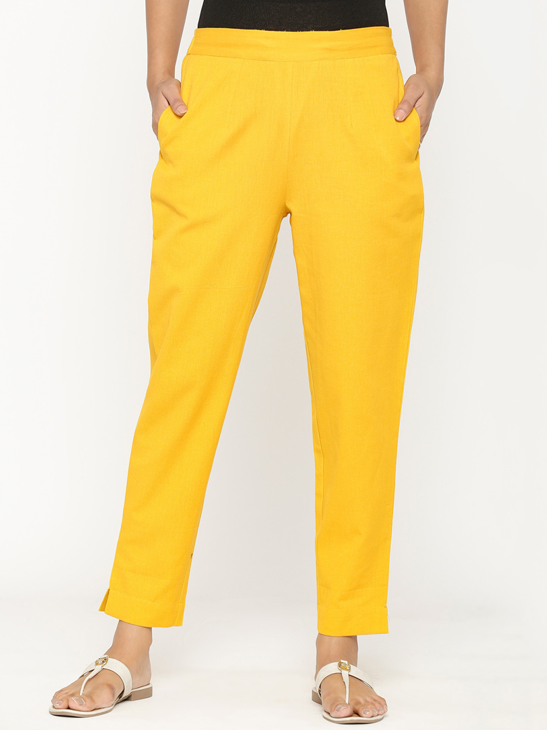 Buy Fusion Threads Women Mustard Yellow Classic Trousers Trousers for