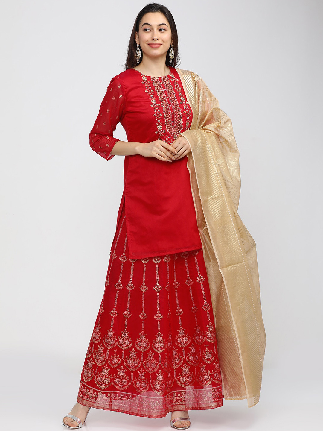Buy Vishudh Women Red Embroidered Regular Kurti With Skirt & With