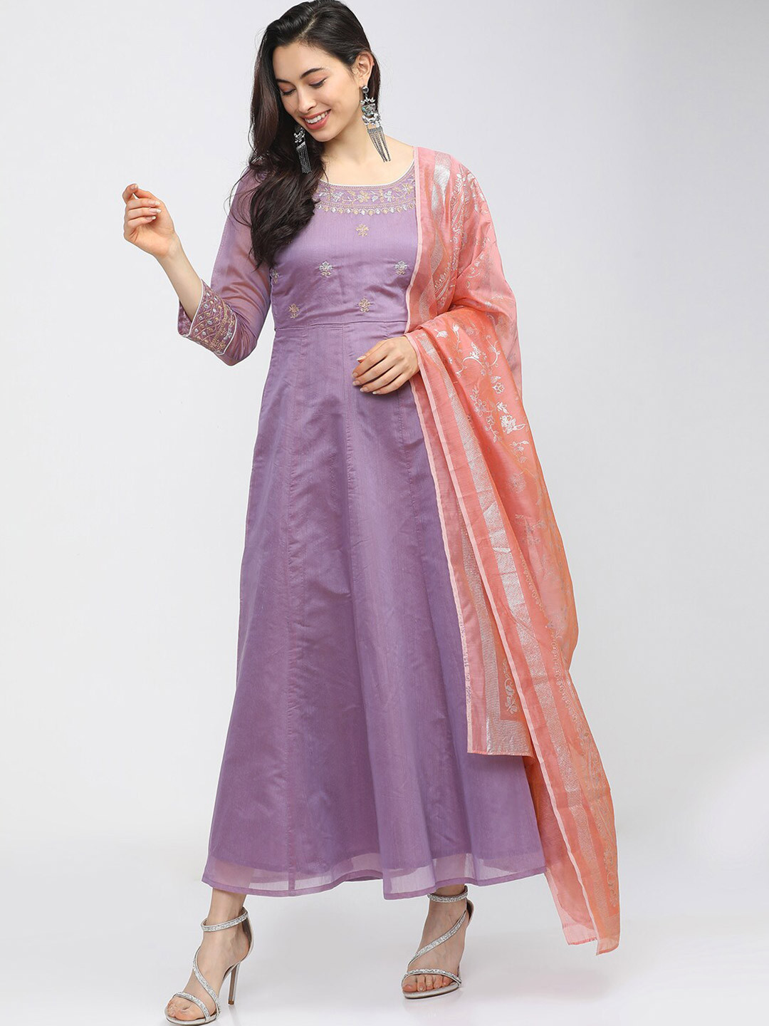 Buy Vishudh Women Mauve Embroidered Ethnic Maxi Dress With Dupatta