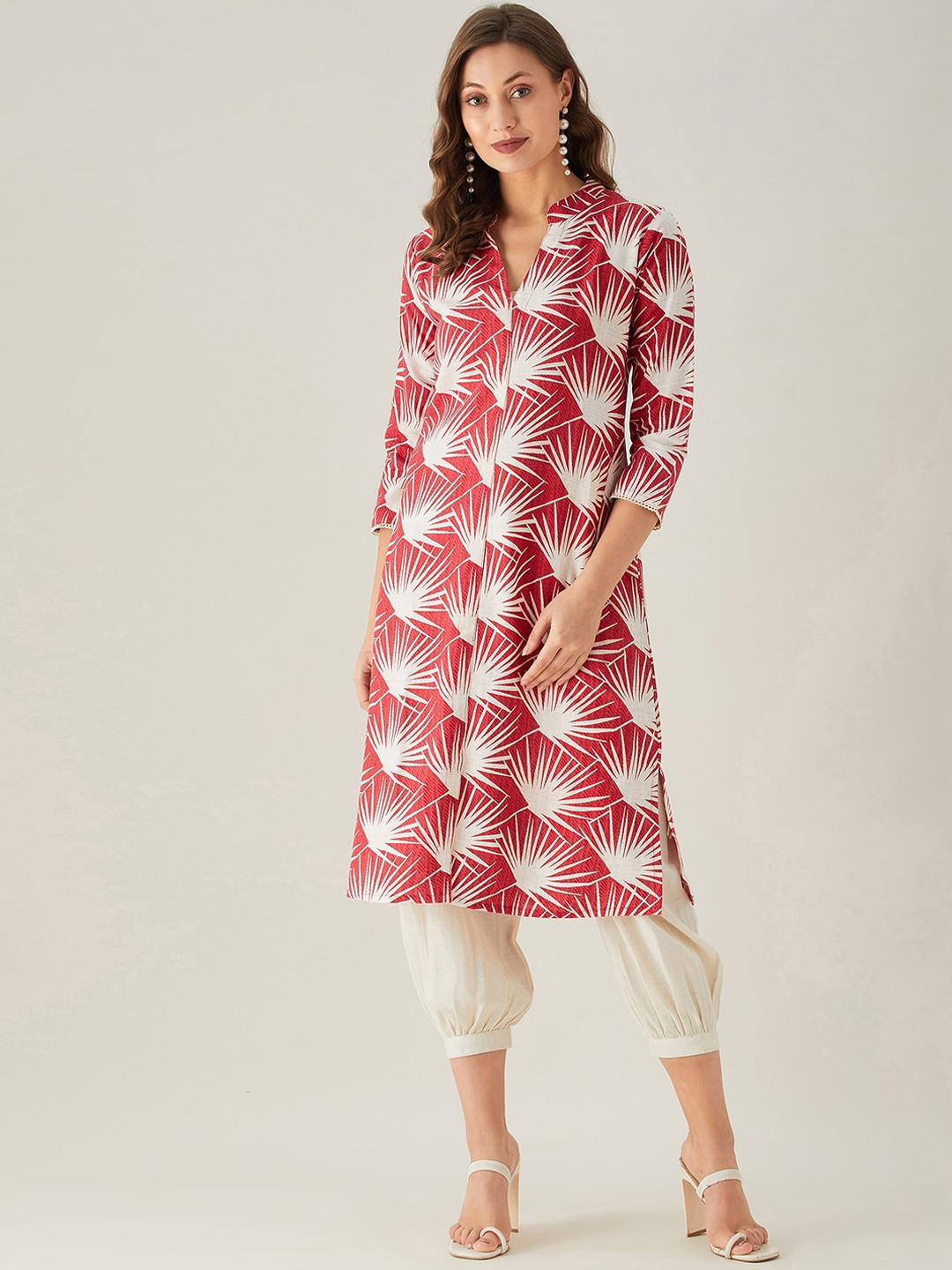Women Red & Golden Printed Cotton Straight Kurta