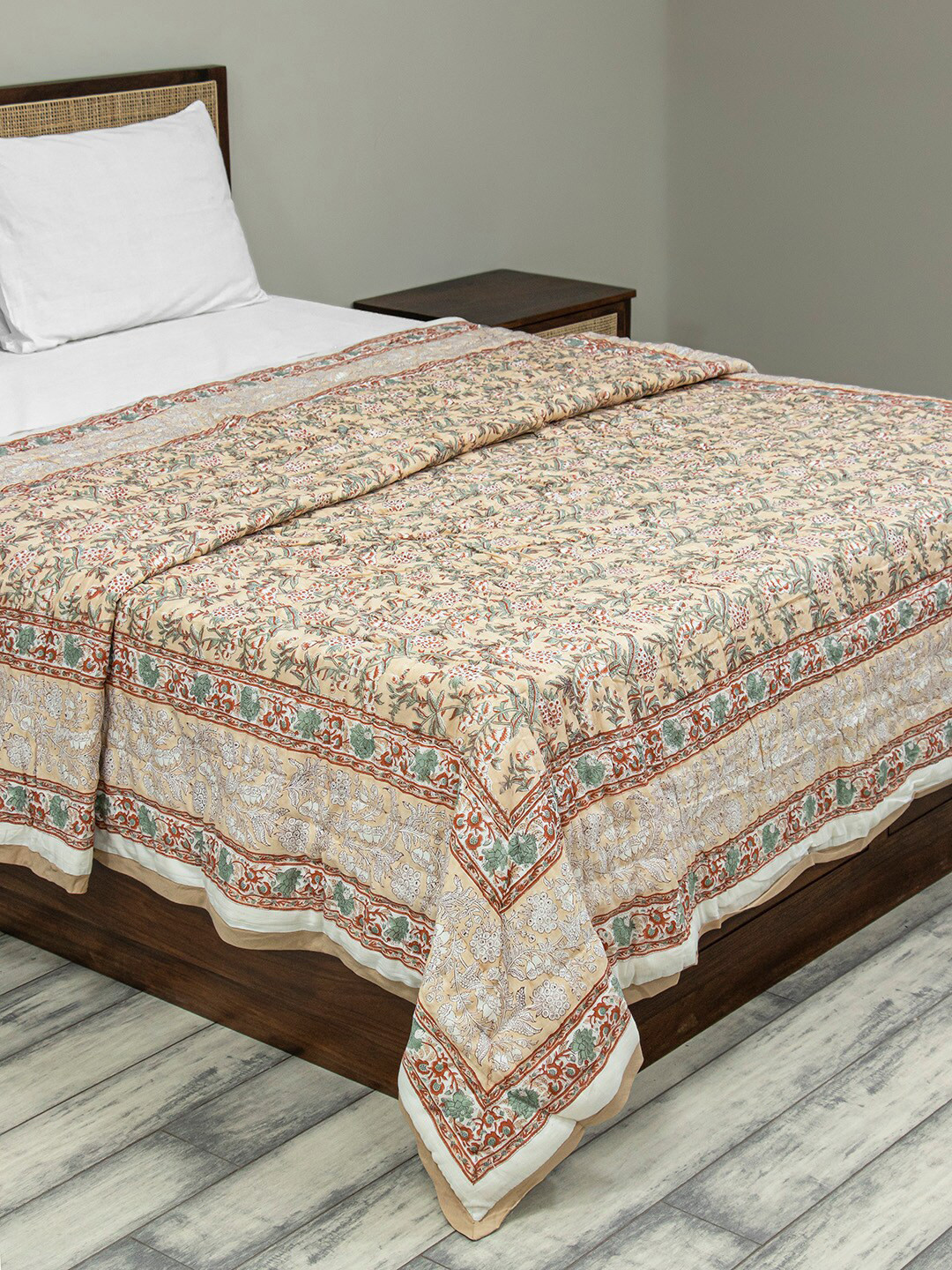 Buy Fabindia Peach Coloured & Pink Floral Summer 400 GSM Double Bed