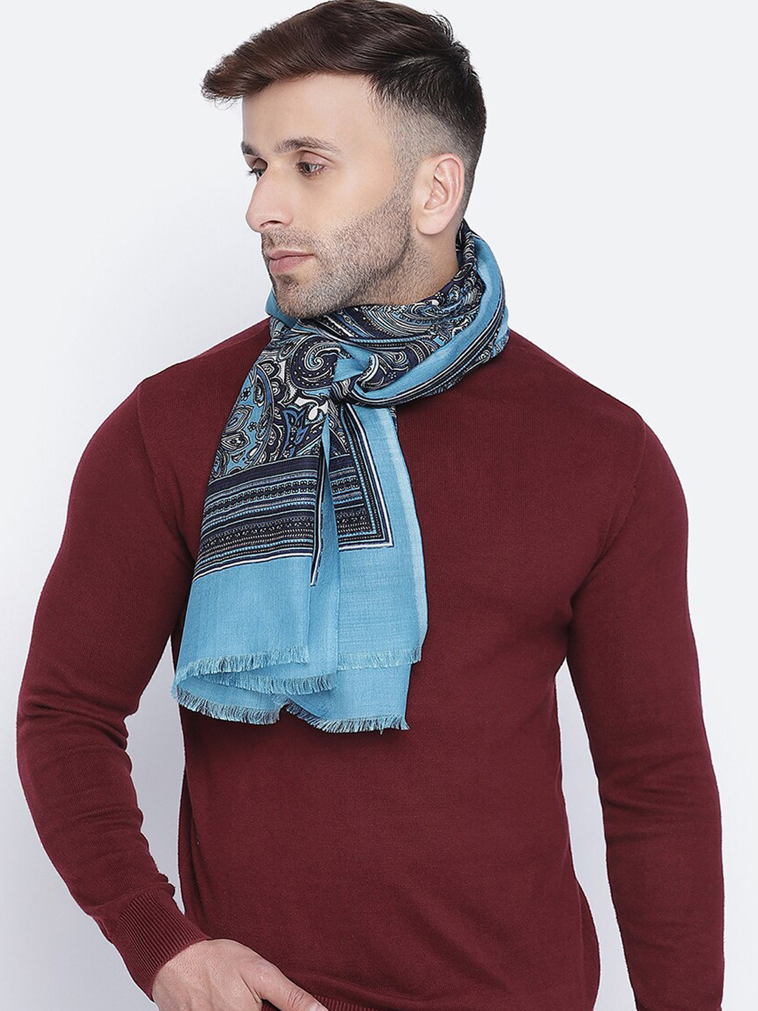 Buy SHINGORA Men Blue & White Paisley Print Wool Silk Muffler