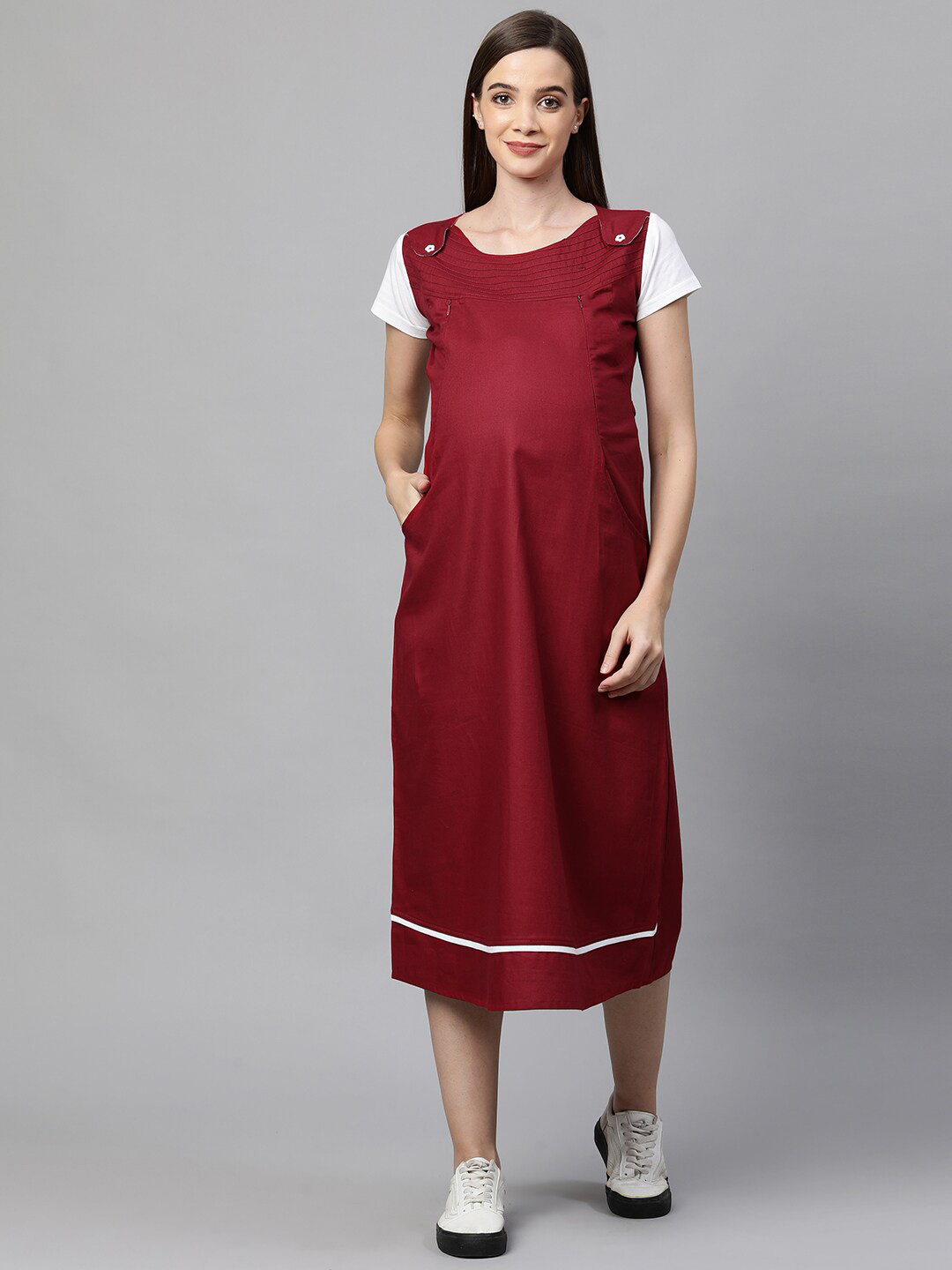Buy MomToBe Maroon Maternity Nursing A Line Midi Sustainable Dress