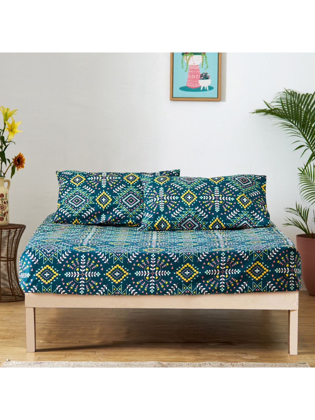 Buy Chumbak Blue & Yellow Ethnic Motifs 136 TC Queen Bedsheet With 2