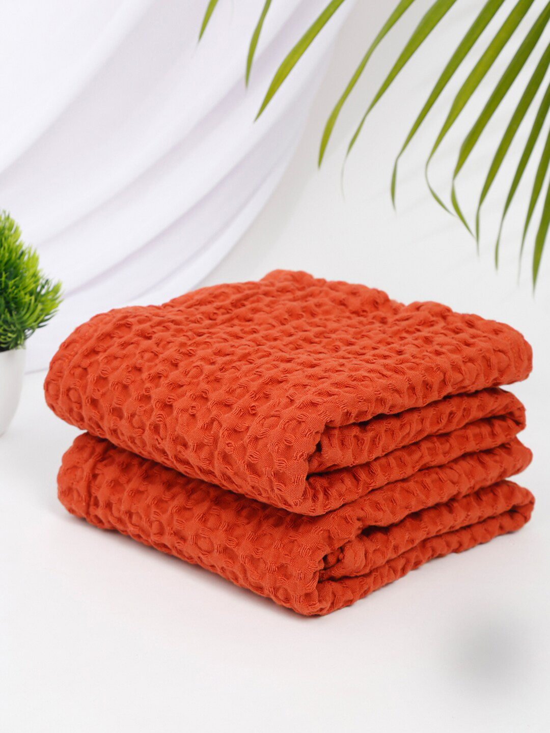Buy Fabindia Set Of 2 Rust Orange Solid Woven Design Pure Cotton