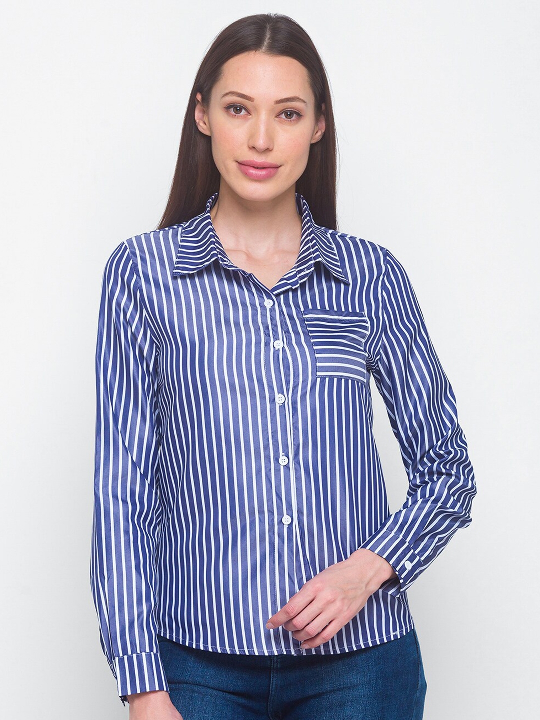 Buy LYKKEIN Navy Blue Striped Shirt Style Top - Tops for Women 16211598 ...