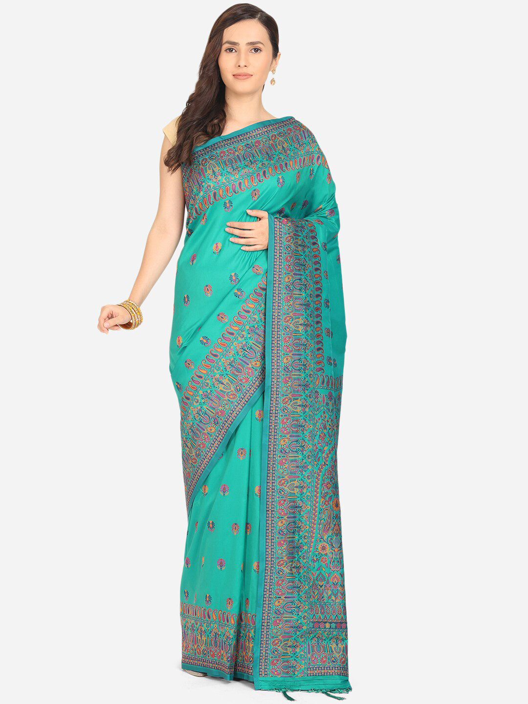 Buy BOMBAY SELECTIONS Green & Pink Ethnic Motifs Art Silk Saree