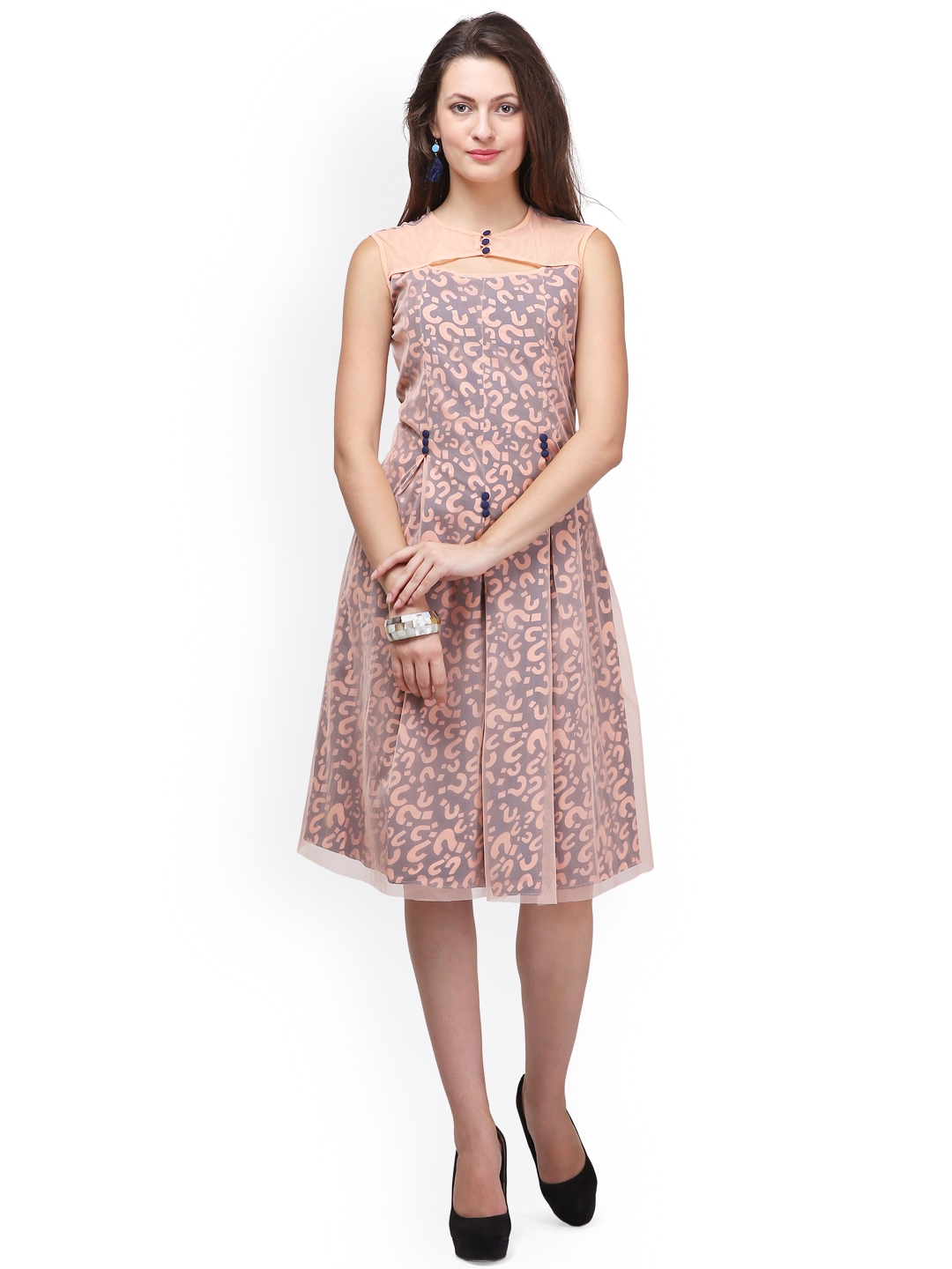 Buy Eavan Women Peach Coloured Printed Fit & Flare Dress
