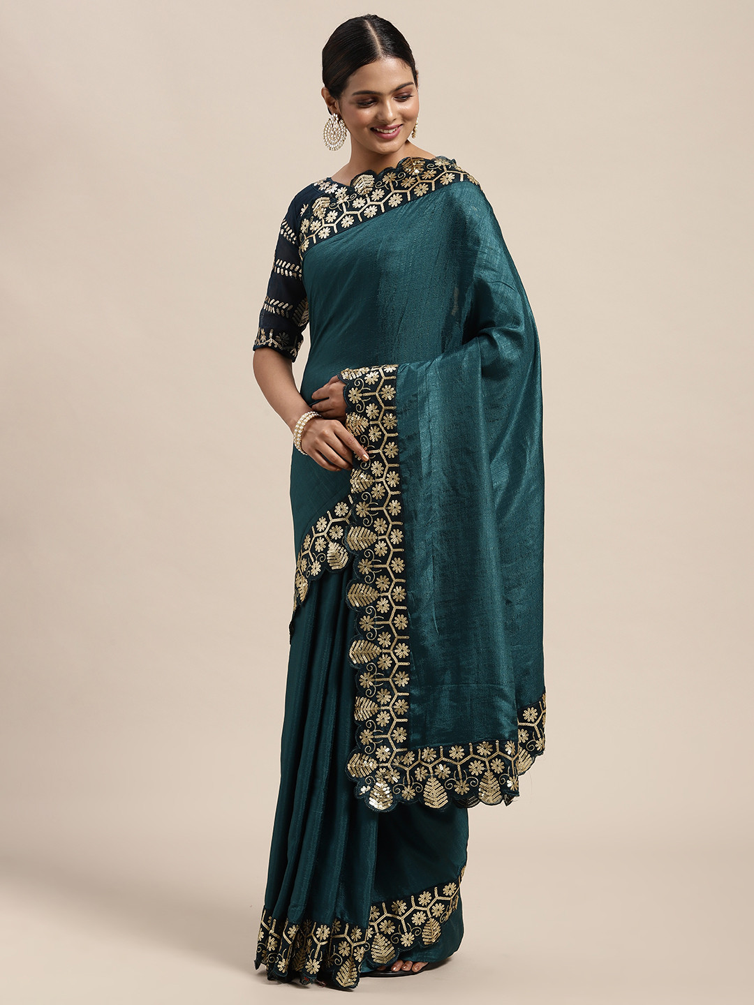 Women's Vichitra Silk Teal blue Printed Designer Saree With Blouse Piece
