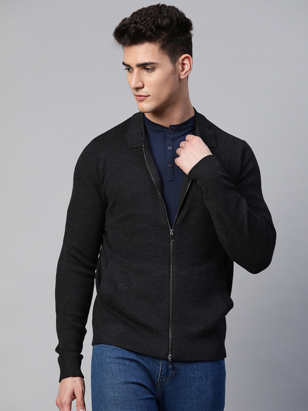 Buy Marks & Spencer Men Charcoal Grey Solid Cardigan Sweaters for Men