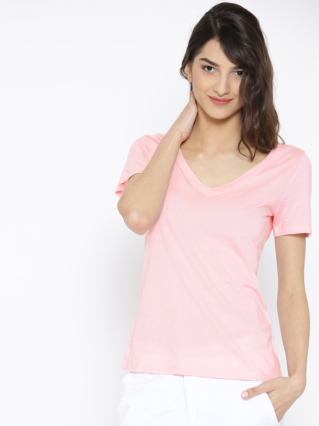 Buy FOREVER 21 Women Pink Solid V Neck T Shirt - Tshirts for Women ...