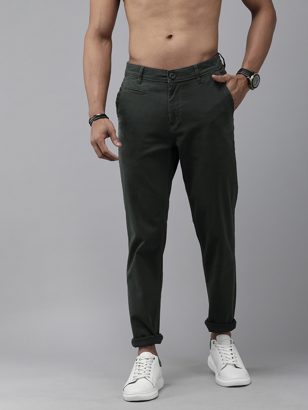 Buy The Roadster Lifestyle Co Men Olive Green Trousers Trousers for