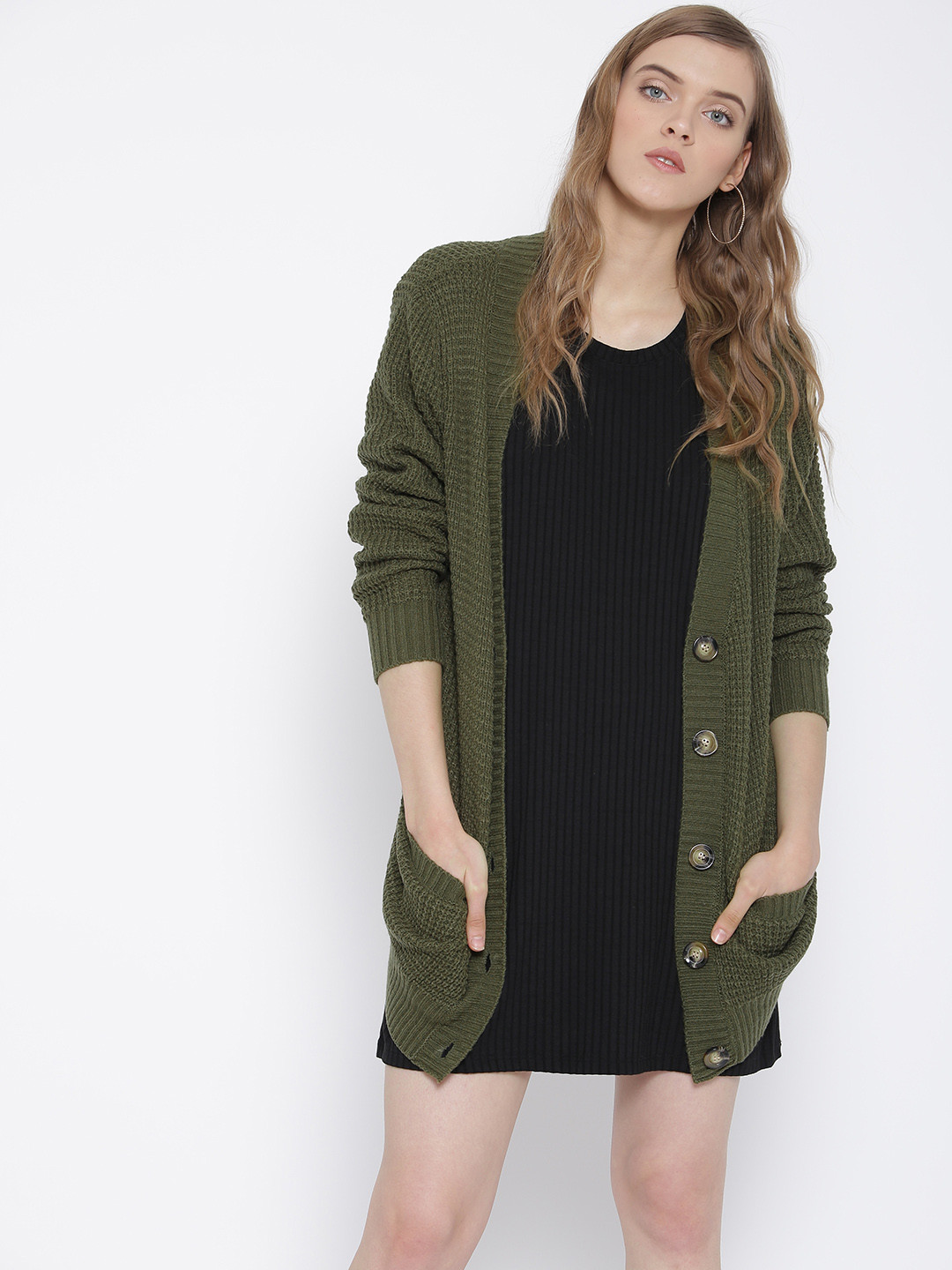 Buy FOREVER 21 Women Olive Green Patterned Cardigan Sweaters for