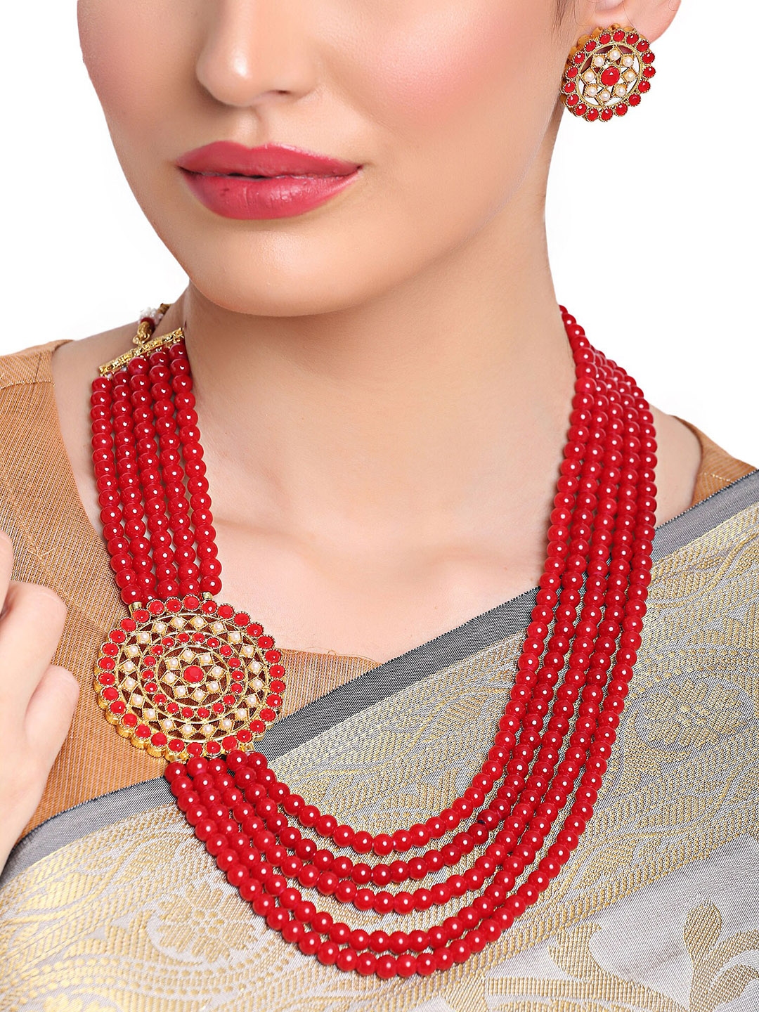 Buy Shining Diva Gold Toned Red White Kundan Studded Beaded Jewellery Set Jewellery Set
