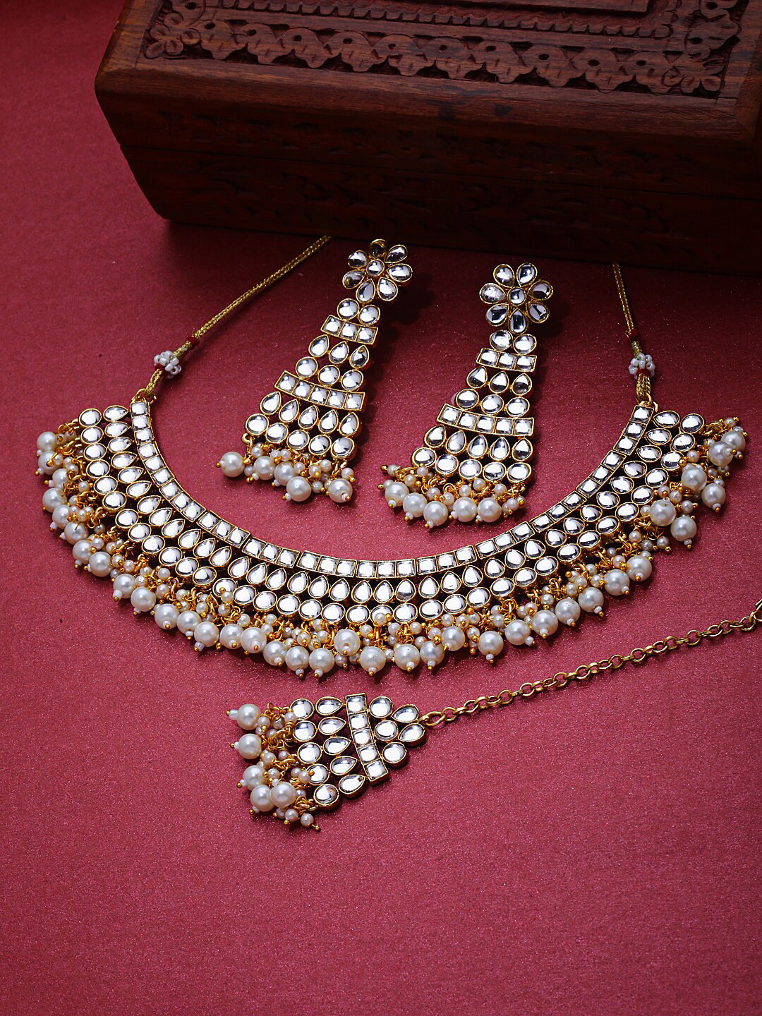 Gold-Plated White Kundan Studded & Beaded Handcrafted Jewelry Set