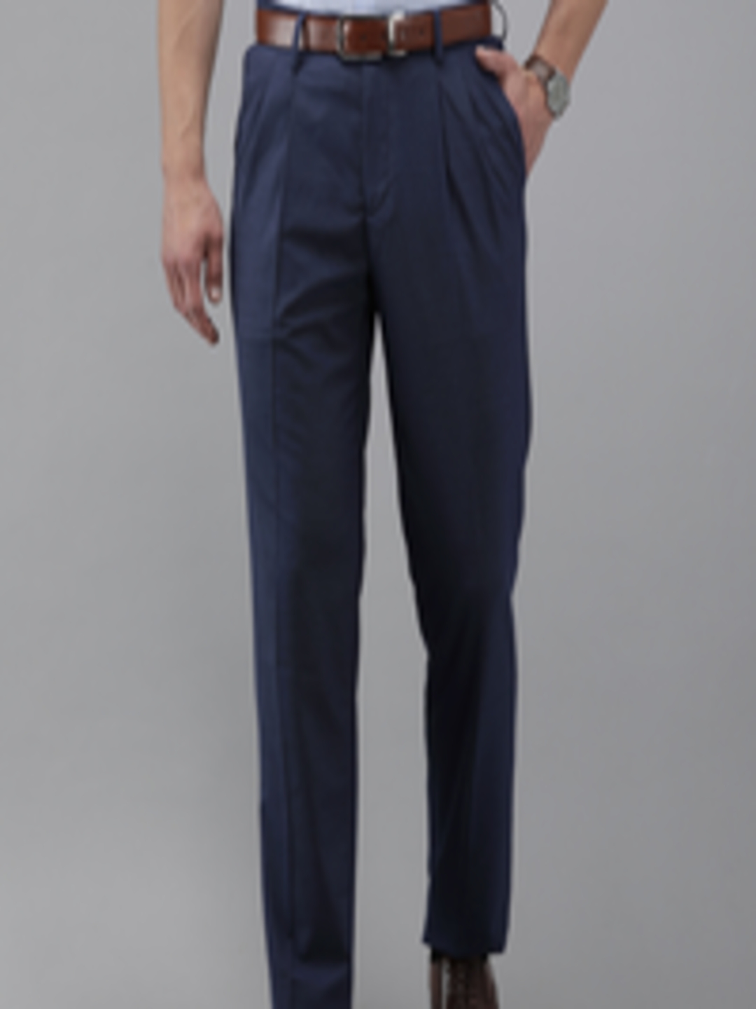 Buy Van Heusen Men Navy Blue Solid Mid Rise Pleated Formal Trousers ...