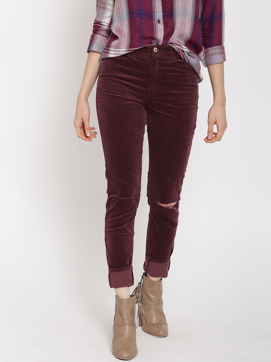 burgundy striped trousers