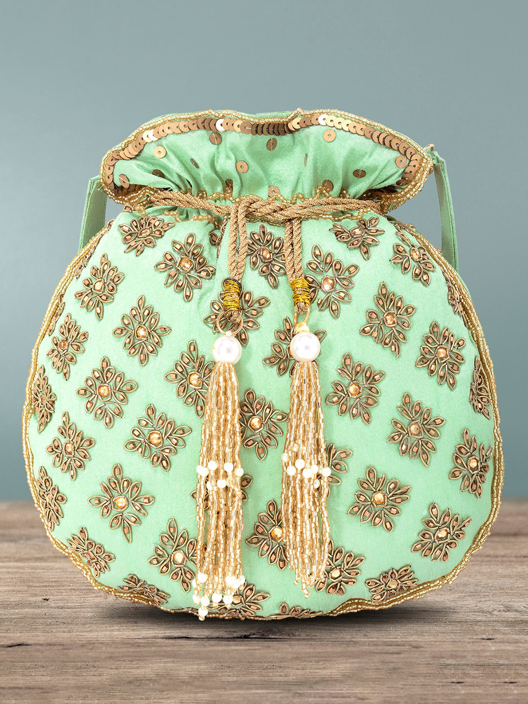 Buy Peora Sea Green & Gold Toned Embellished Potli Clutch Clutches