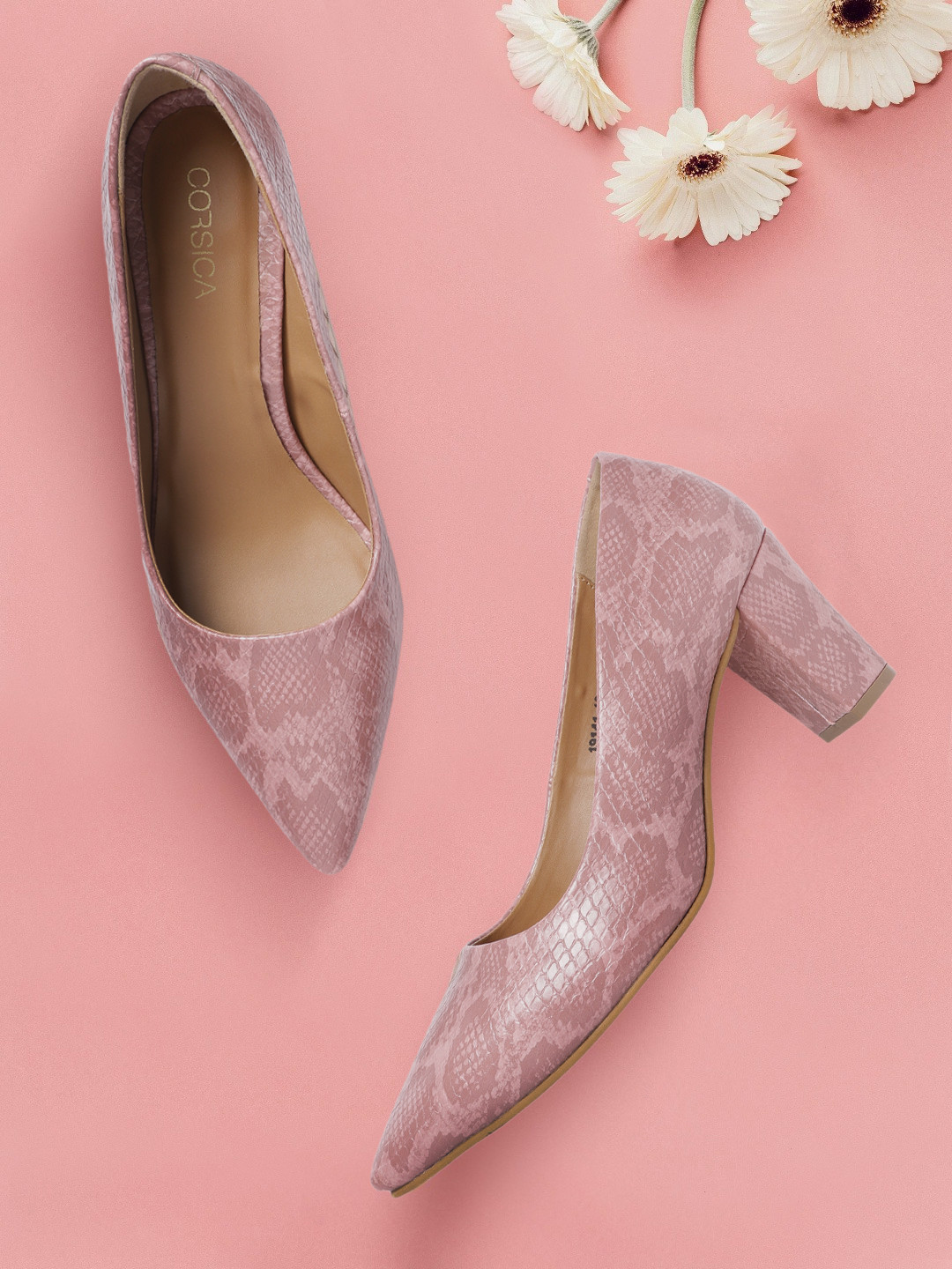 Buy CORSICA Pink Snakeskin Textured Block Pumps Heels for Women