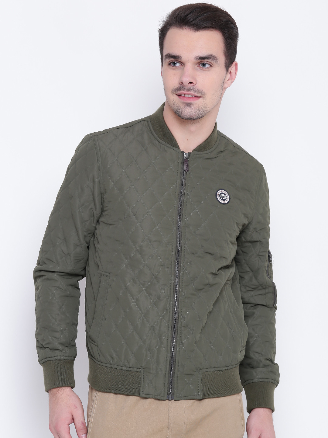 Buy U.S. Polo Assn. Men Olive Green Solid Bomber Jacket - Jackets for Men 1623425 | Myntra