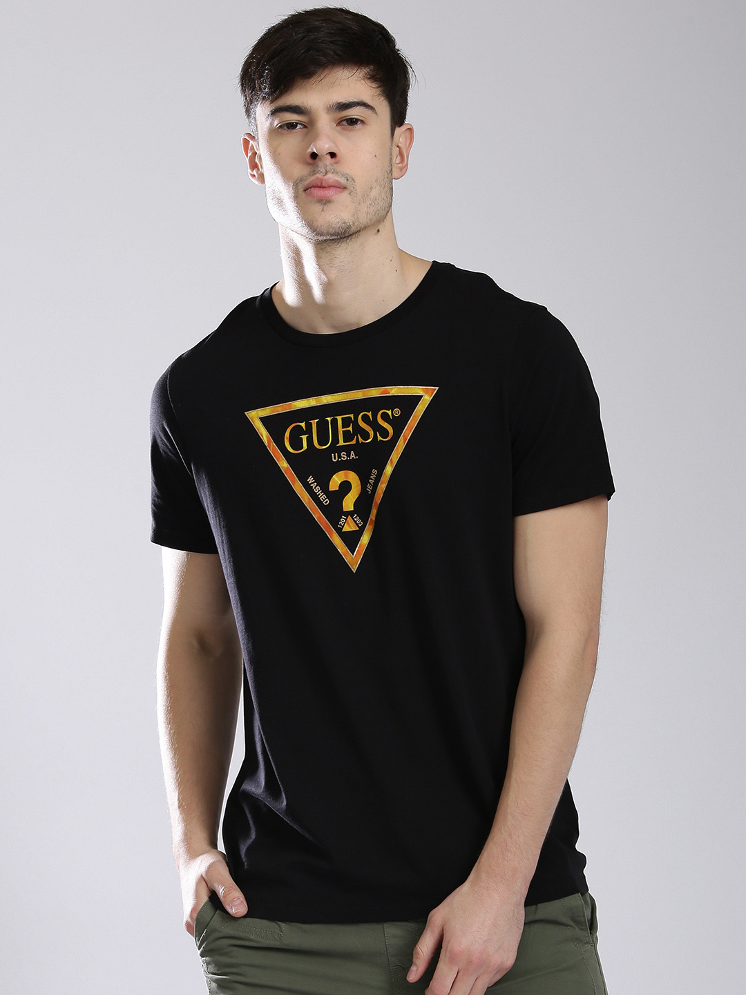 Buy GUESS Men Black Printed Round Neck Pure Cotton T Shirt Tshirts