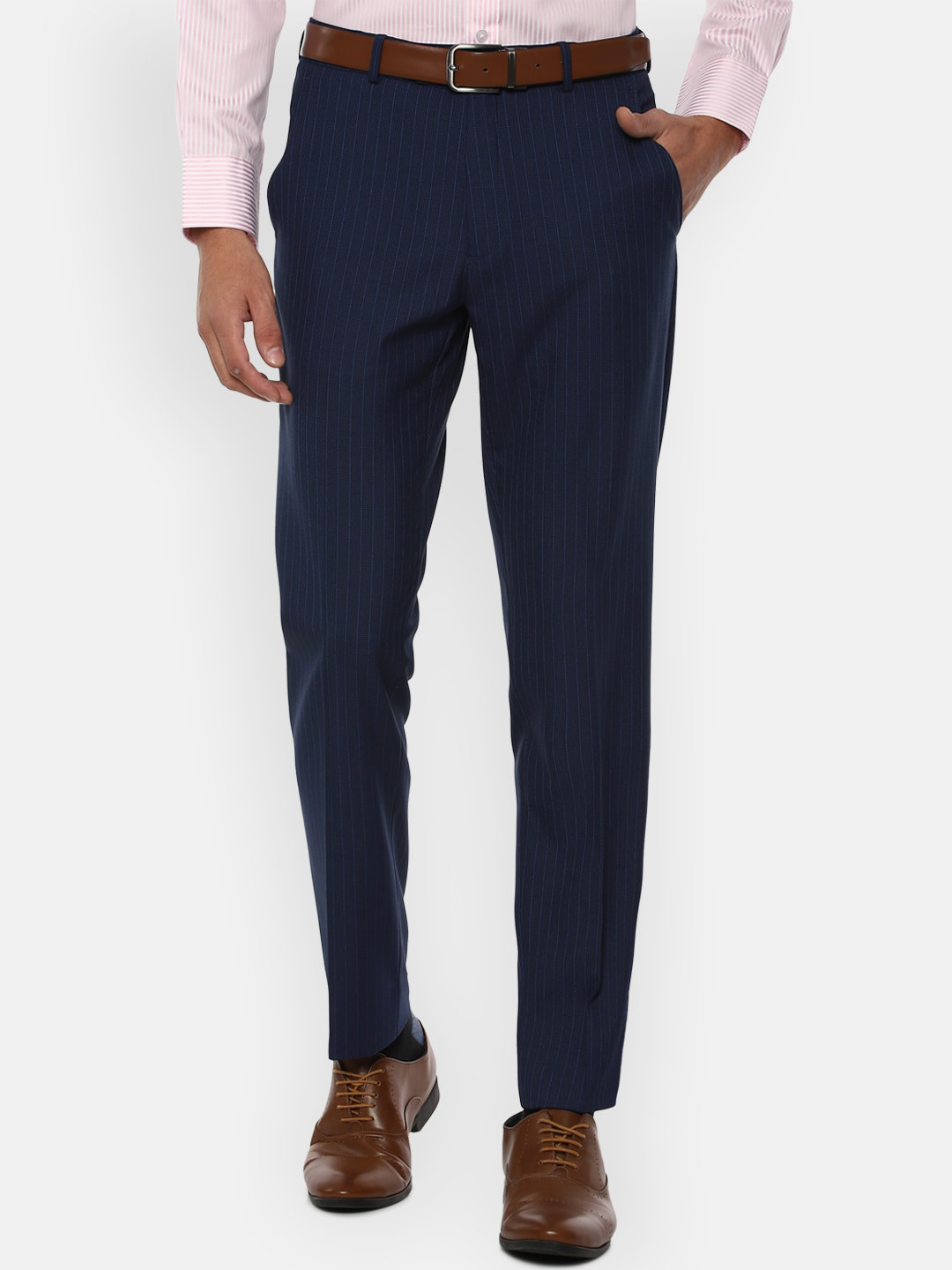 Buy Van Heusen Men Navy Blue Striped Slim Fit Formal Trousers