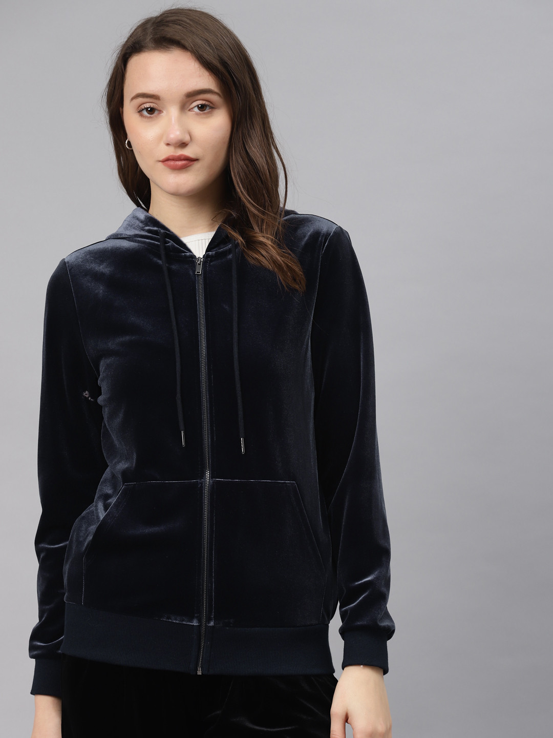Buy Marks & Spencer Women Navy Blue Solid Hooded Sweatshirt 