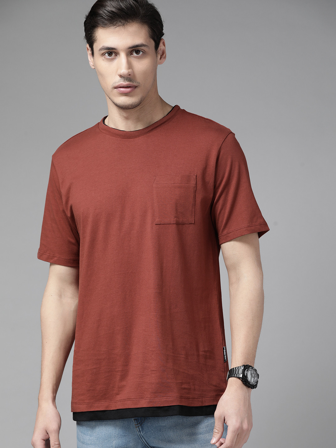 Buy The Roadster Lifestyle Co Men Rust Brown Solid Pure Cotton T Shirt