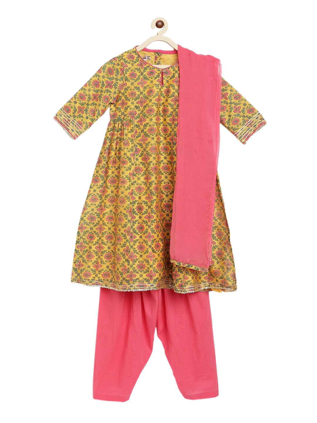 Girls Powder Blue Floral Short Kurta With Salwar & Dupatta