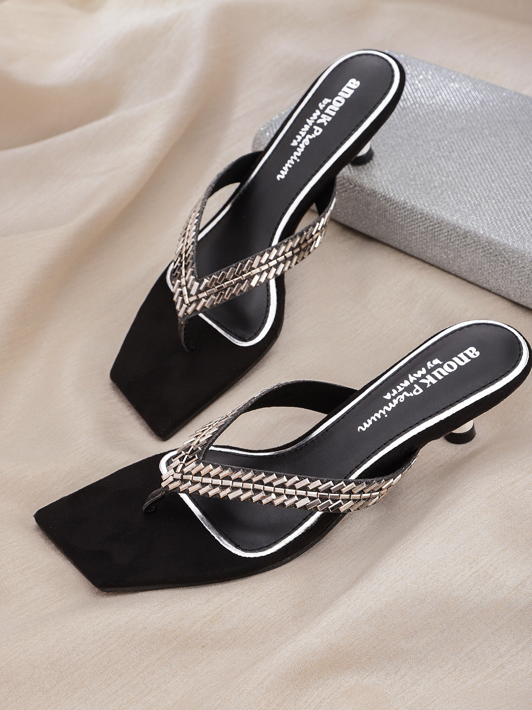 Buy Anouk Gunmetal Toned Embellished Kitten Heels Heels for Women