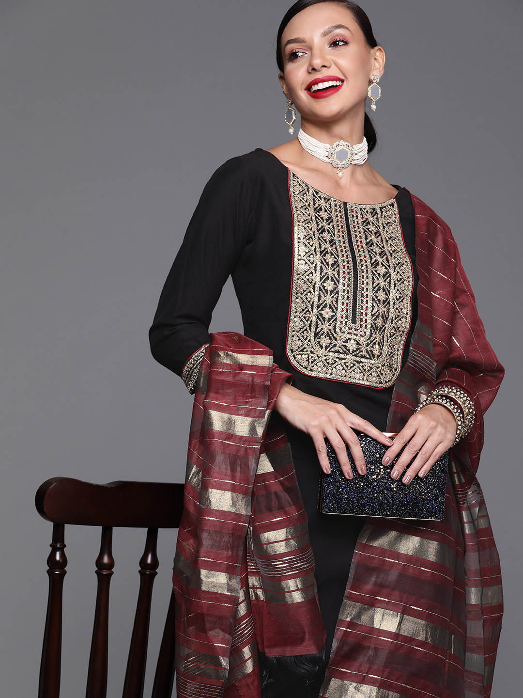 Women Black Rayon Embroidered & Ethnic Motifs Printed Flared Kurta with Pant & Dupatta