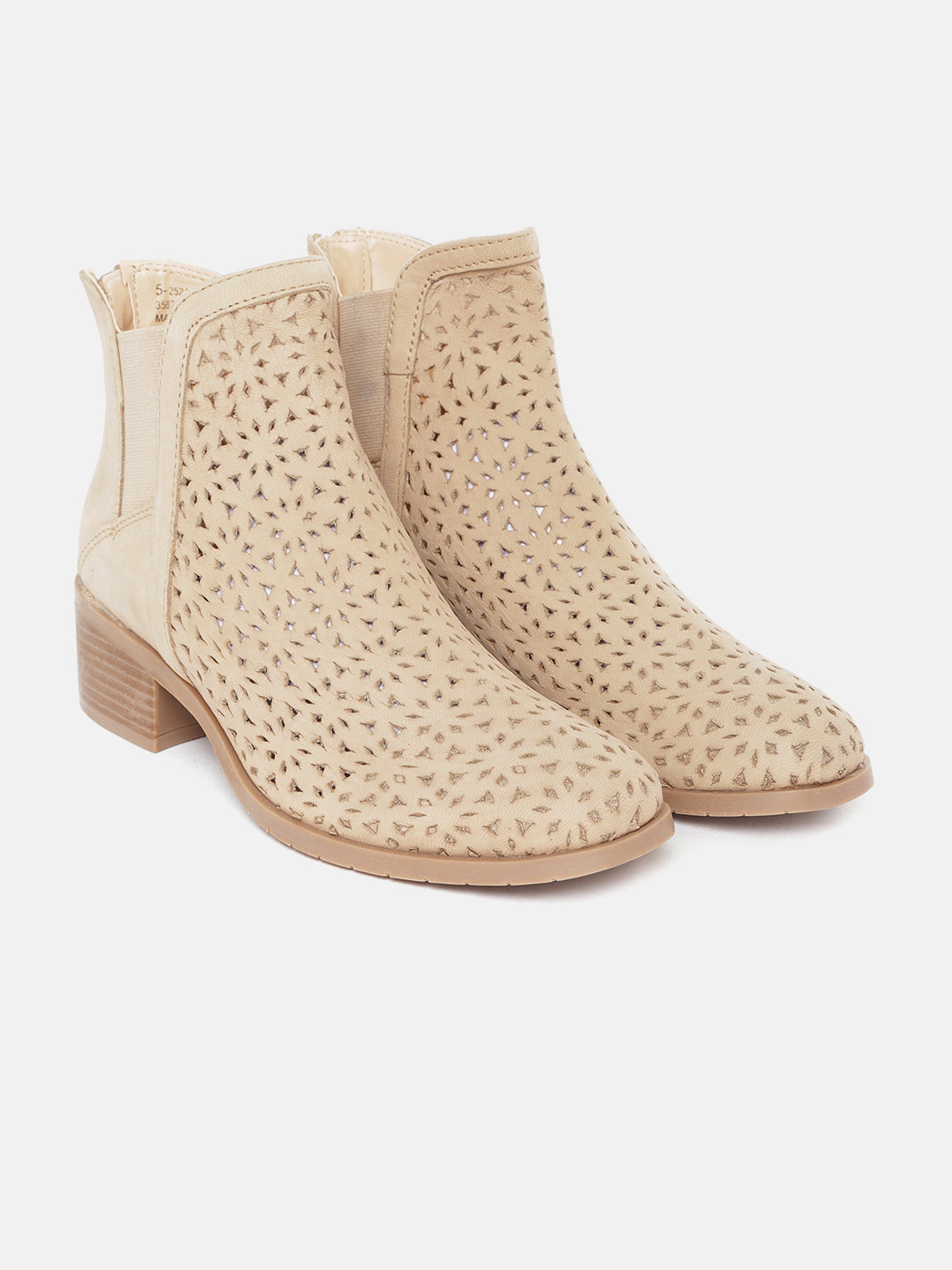 Buy Marks & Spencer Women Beige Leather Laser Cut Mid Top Heeled Boots