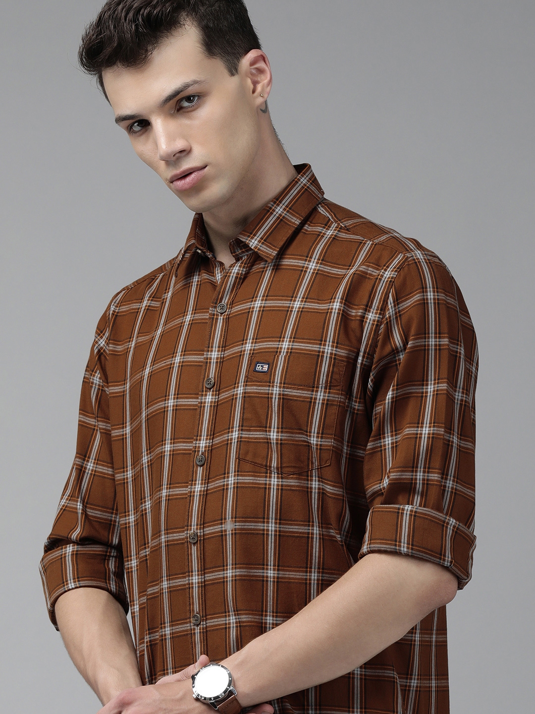 Buy Arrow Sport Men Brown Slim Fit Checked Pure Cotton Casual Shirt ...