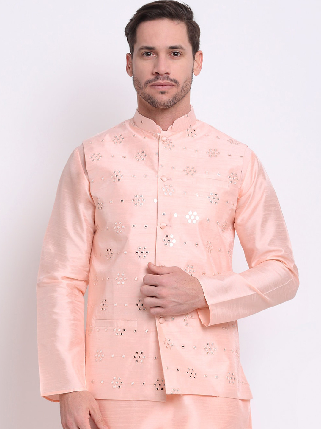 Buy KRAFT INDIA Men Peach Silk Mirror Work Jacket Nehru Jackets for