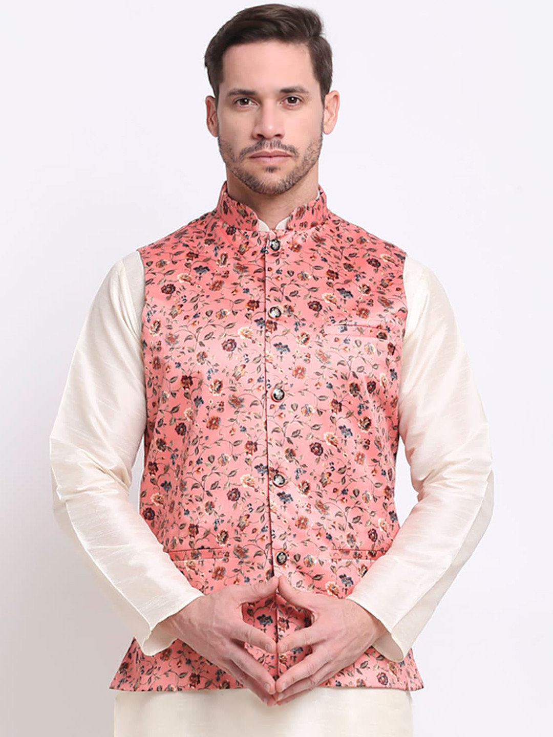 Buy KRAFT INDIA Men Peach Coloured & Brown Floral Printed Satin Nehru