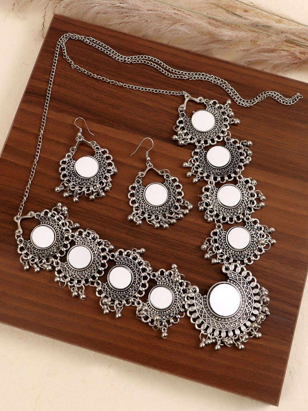 Buy Crunchy Fashion Oxidised Silver Plated Mirror Jewellery Set