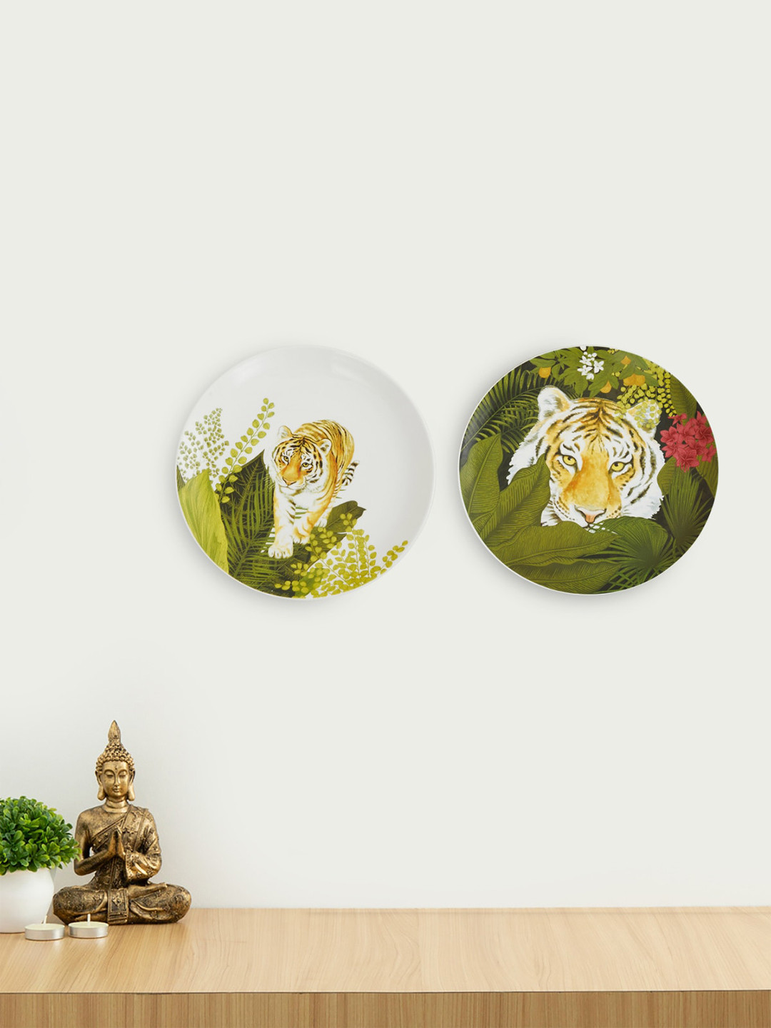 Buy Home Centre Set Of 2 White & Olive Green Ceramic Wall Decor Plates