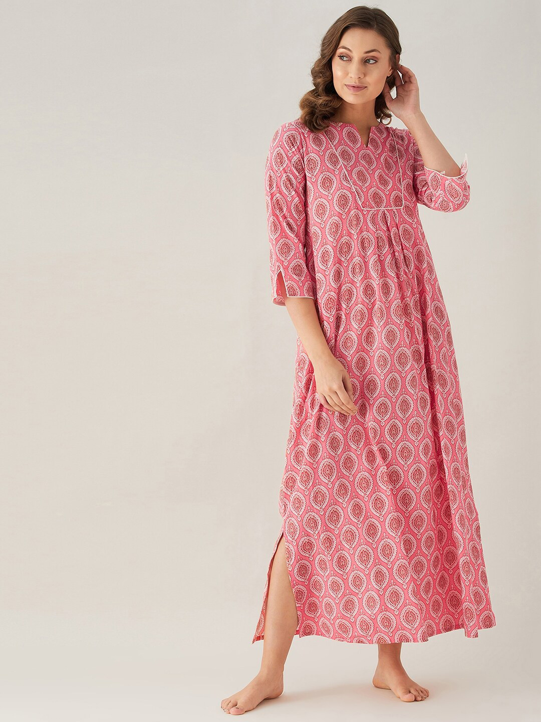 Buy The Kaftan Company Pink & White Printed Pure Cotton Maxi Nightdress
